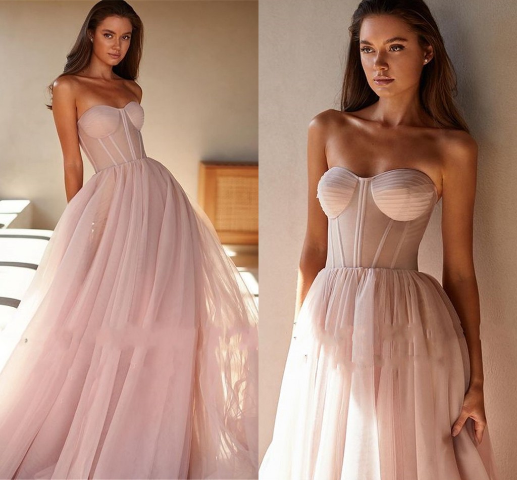 

Simple Pale Pink Tulle A Line Long Evening Dresses Sweetheart Fish Bones Sheer Top Coset Lace Up Back Prom Gowns Vestidos De Fiesta robe de soiree 2022, Ivory