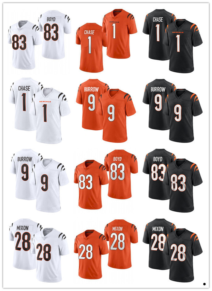 

Men Women CincinnatiBengalsjersey 9 Joe Burrow 1 Ja'Marr Chase 28 Joe Mixon 83 Tyler Boyd 85 Tee Higgins Football Jerseys, Color