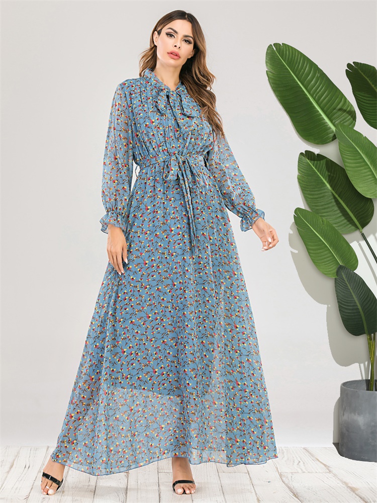 

arabic Elegant Chiffon Floral Maxi Dress Sweet Bow Stand Collar Full Sleeve Stretch Empire Swing Muslim islamic Clothes abaya