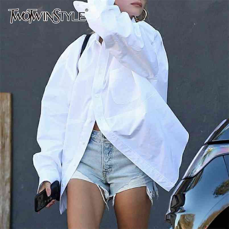 

Casual Straight Shirts For Women Lapel Long Sleeve Patchwork Pocket Minimalist Loose Blouses Female Spring 210524, White