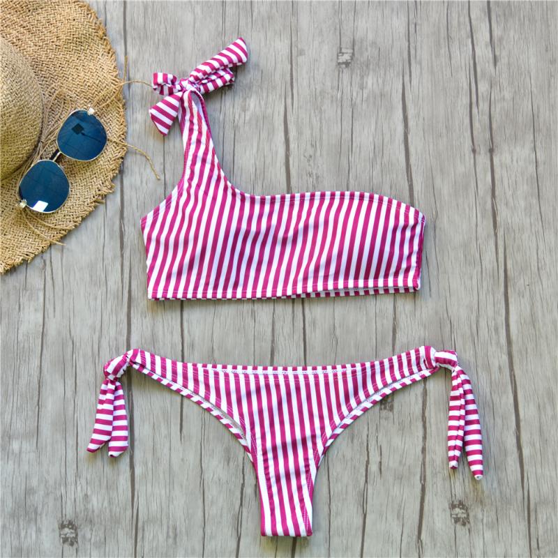 

Women' Swimwear Tube Top Bandage Bikini 2021 Brazilian Low Waist Striped Swimming Suit One Shoulder Lovely Girls Swimsuits, As picture