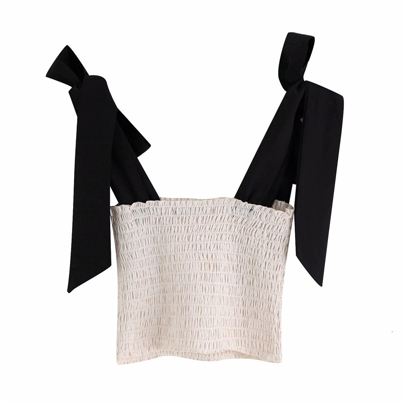 

Women's Polos Sweet Lady Elastic Bust Za White Sling blouse Fashion Black Bow Spaghetti Strap Sleeveless Short Tops blusas mujer K