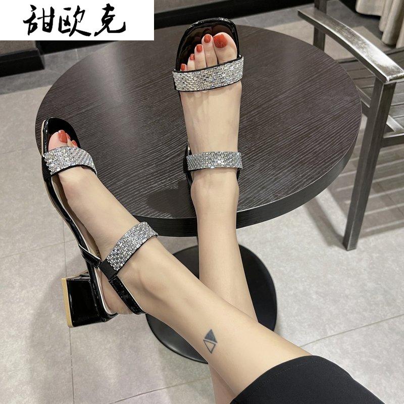

Sumemr Women High Sandals 2021 Platform Open Toe Fashion Outdoor Rhinestone Sexy Square Head Casual Beach, Black