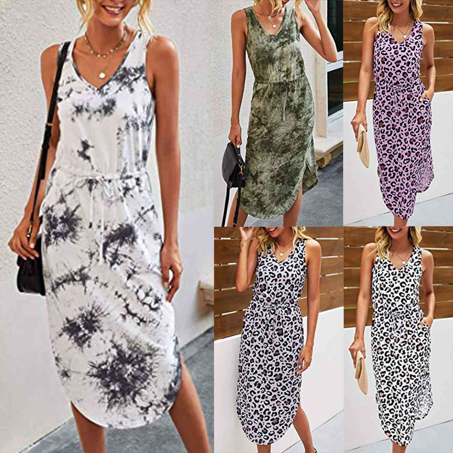 

summer sleeveless printing beach women dresses side slit drawstring stretch holiday sundress maxi female, Black;gray