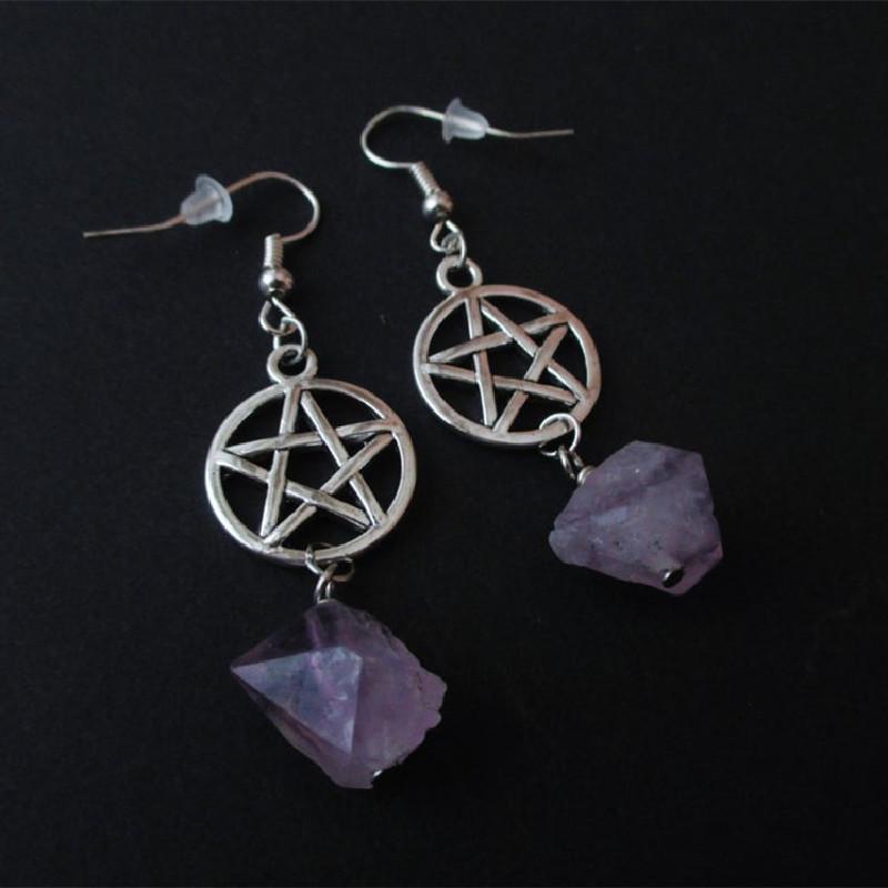 

dangle & chandelier pentagram witch natural purple crystal raw stone earring healing drop teardrop statement jewelry women wedding gift, Silver