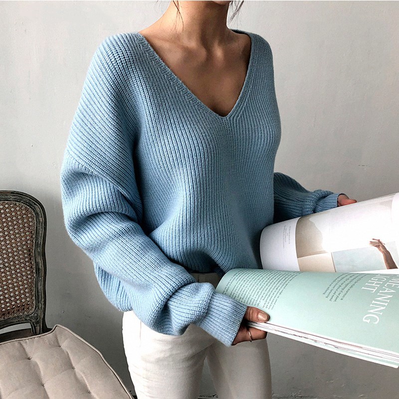 

Autumn Winter Basic Knitted Blue White Sweater Women Fashion Casual V-neck Female Pullovers Korean Loose lady Jumpers 210521