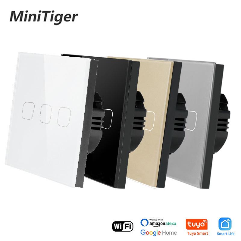 

Smart Home Control MinitigerGlass Panel EU Standard 3 Gang 1 Way Tuya Wall Light Touch Switch For Google Wireless