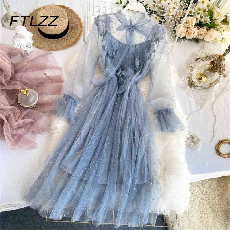 

Women Sweet Mesh Dress Spring Summer Long Sleeve Bow Collar Bandage Lace Dresses Ladies Ruffles Sequins Robe Vestidos 210602, Blue