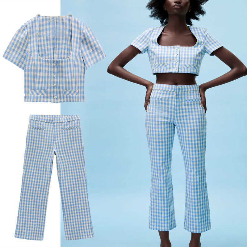 

ZA Blue Gingham Cropped Shirt Women Short Sleeve Square Neck Vintage Summer Top Woman Fashion Button Up Plaid Blouse 210602
