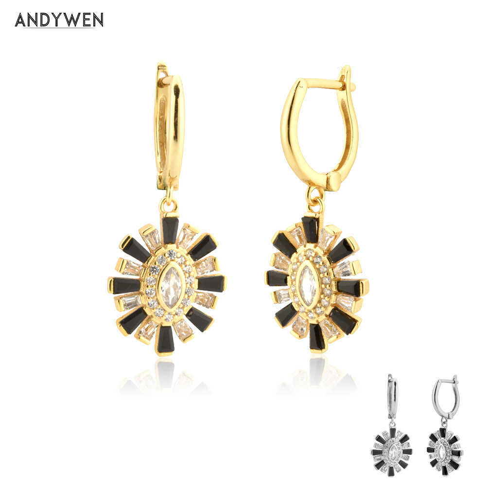 

ANDYWEN 925 Sterling Silver 8mm Circle Black Oval SunFlower Drop Earring Colorful CZ Clips Round Women Fine Fashion Jewelry 210608