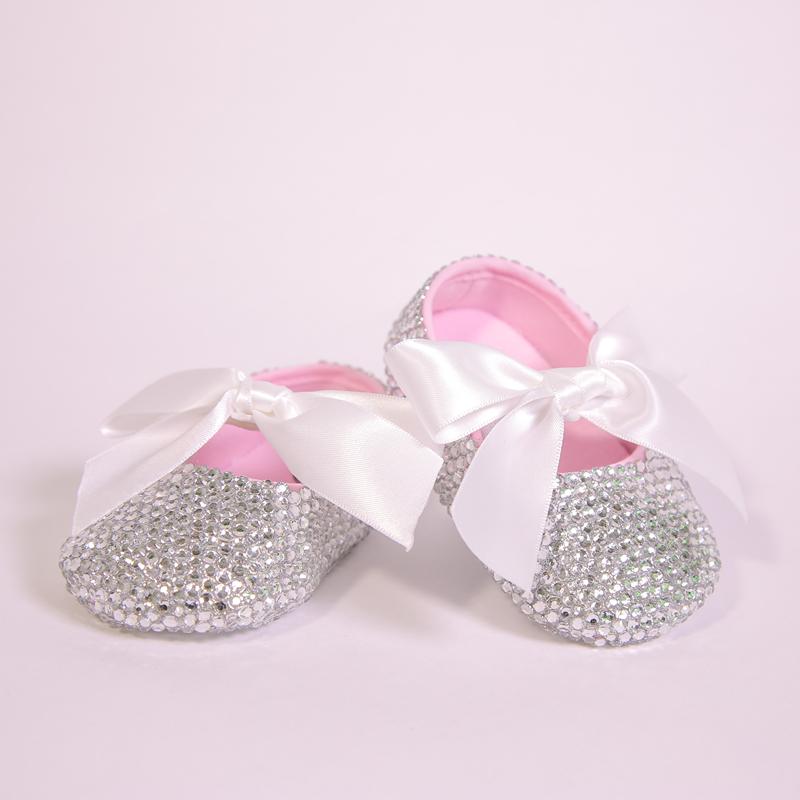 

First Walkers All Covered Clear Sparkle Bling Out White Ribbon Bow Custom Handmade Christening 0-1 Princess Born Baby Girl Ballerina Shoes