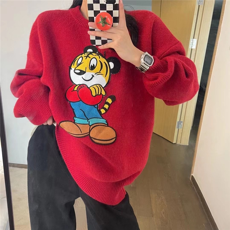 

Embroidered Year of The Tiger Loose Sweater Women Autumn/winter 2022 New Style Cartoon Round Neck Pullover Sweater Sweater Top, White;black