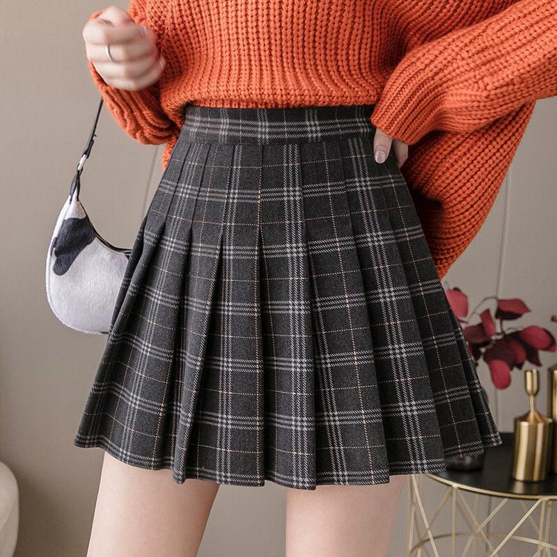 

Skirts Woolen High Waist And Thin Pleated Skirt Slim Versatile Elastic Korean A-line Student Date, Black grey (zipper)