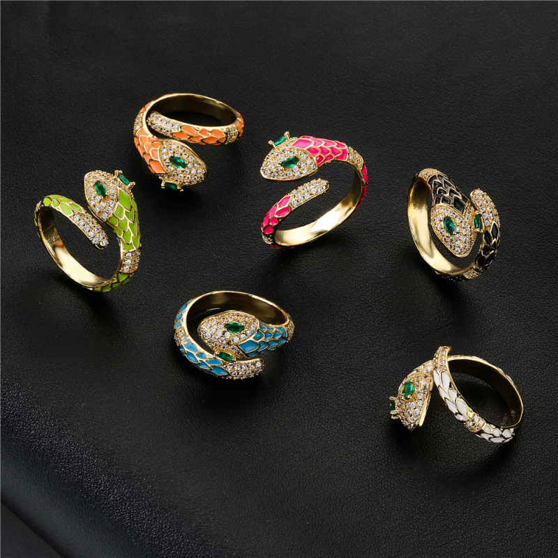 

INS Style Colorful Enameled Micro Pave Green Eye Snake Adjustable Ring Gold Plated
