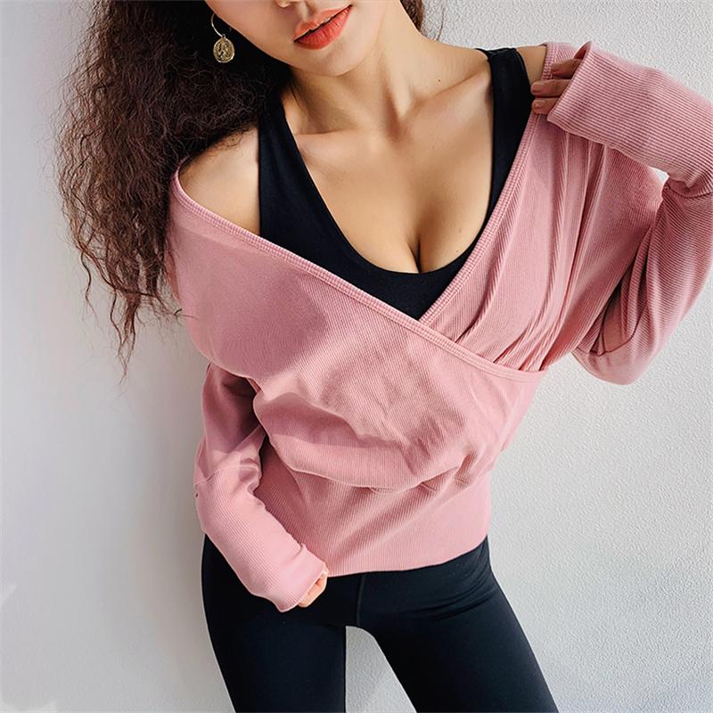 Women Soft Knitted Sport Top Long Sleeves Fitness T Shirt Sexy Slouchy Yoga Shirts Pink Jersey Winter Gym Workout Clothing Outfit-image-673855923
