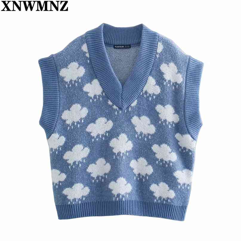 

y2k Women Fashion Jacquard Loose Knitted Vest Sweater Vintage V Neck Sleeveless Female Waistcoat Chic vests Tops 210520, Blue