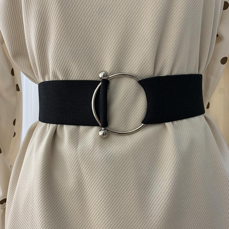 

Belts For Women Black Simple Waist Elastic Ladies Band Round Buckle Decoration Coat Sweater Fashion Dress Rice White, Black;brown