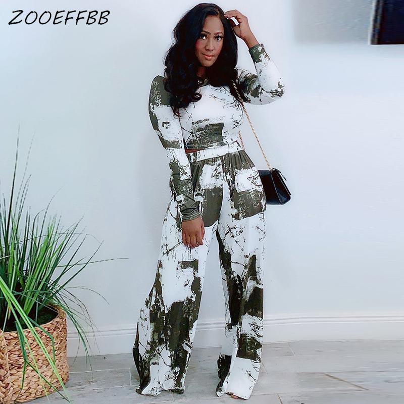 

Women's Two Piece Pants ZOOEFFBB Tie Dye 2 Loungewear Set Long Sleeve Crop Top Wide Leg Sexy Winter Clothes Women Matching Vacation Outfits, White