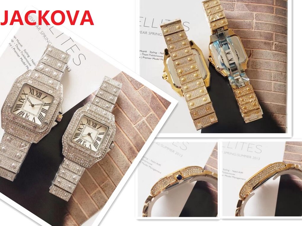 

Hip Hop Iced Out Men Watch Square Diamonds Quartz Mens Womens Wrist Watches Gold Roman Calendar Stainless Steel Clock Super Lovers Gifts Relogio Masculino, As pic