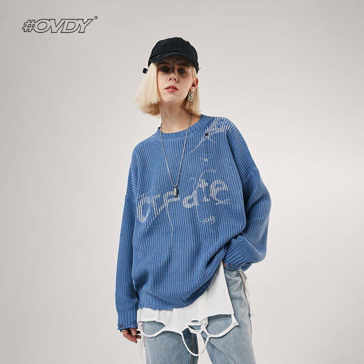 

wxwovdy 2021 autumn winter new street couple personalized sweater loose hole simple round neck sweater, White;black