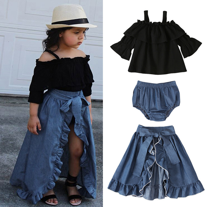 

Baby Girls Clothing Set Sling Top + Denim Skirt + PP Shorts Girls Boutique Fall Clothes Kids Suits Girl Outfits, As pic