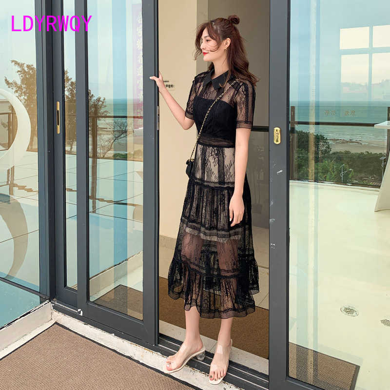 

Women' sexy perspective temperament lapel black long-sleeved dress big swing Sheath Mesh Polyester 210603
