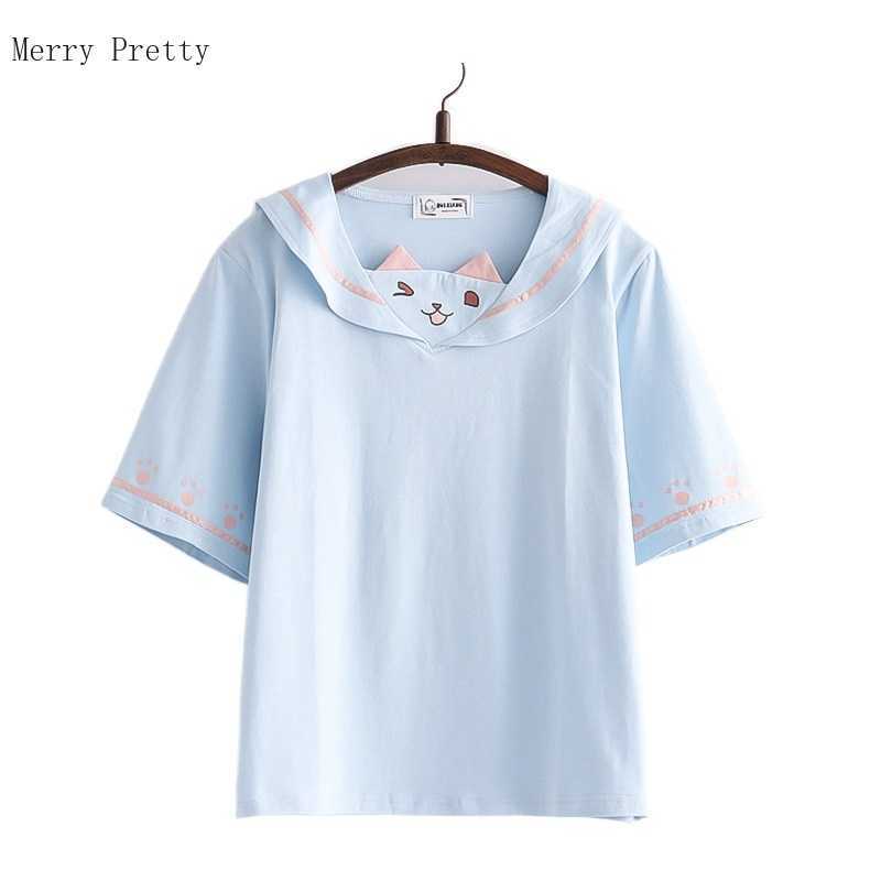 

Women Short Sleeve Sailor Collar Cotton T Shirts Summer Clothing Sweet Style Harakuju Cartoon Print Graphic Tops Tees 210526, White