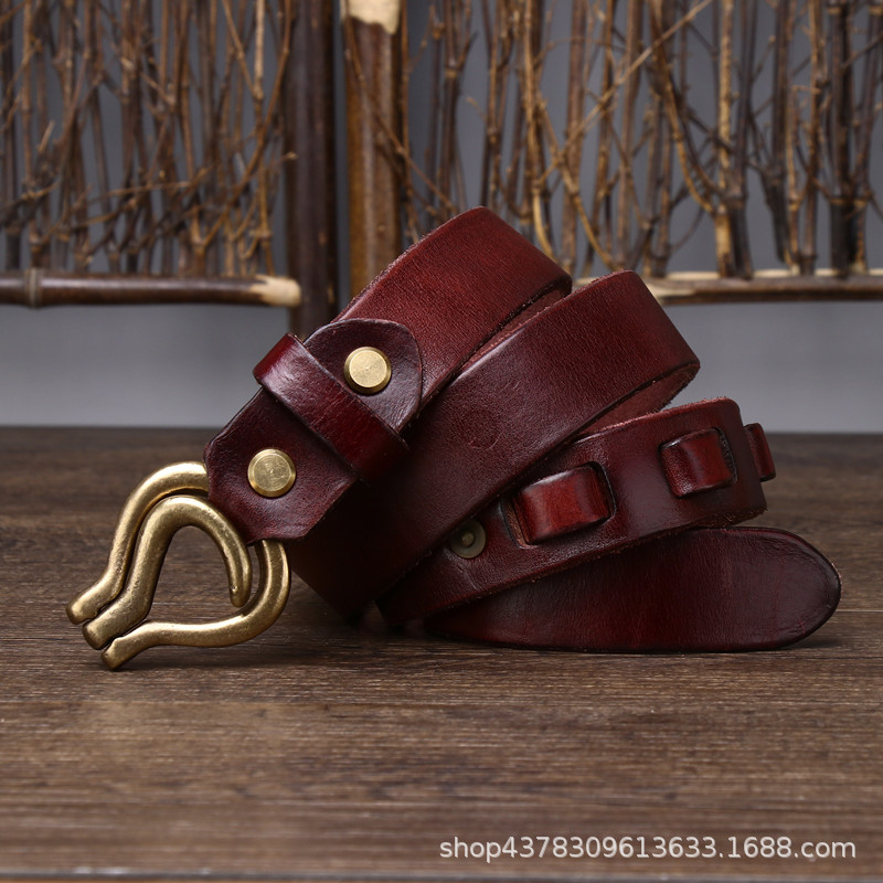 

Italian thickened vegetable tanned men's leather belt pure copper hook retro personalized fashion pants general woven No. 2, Black