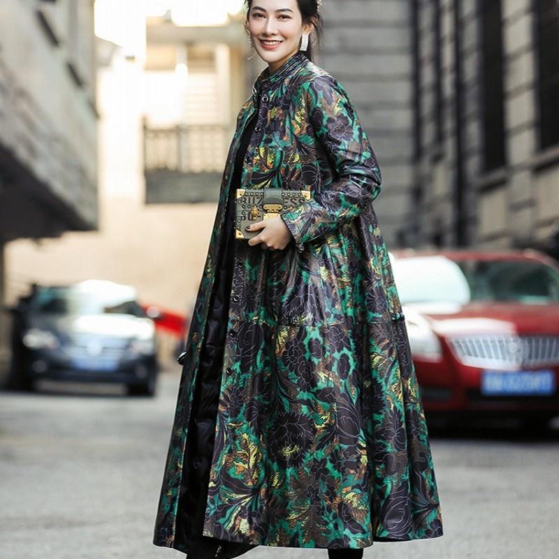 

Women's Leather & Faux Genuine Women Down Coats Designer Medium Length Printed Stand Collar Single Breasted Loose Female Trench Cloak, Black