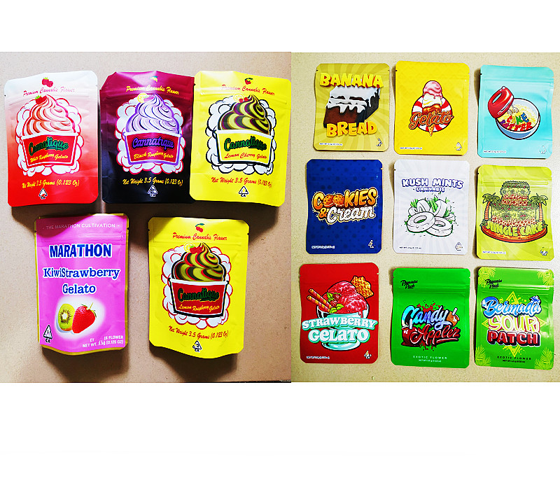 

mylar bag 3.5 grams jungle jush gelato marathon cannalique piessuie pack resealable zipper edibles packaging smell proof custom printed