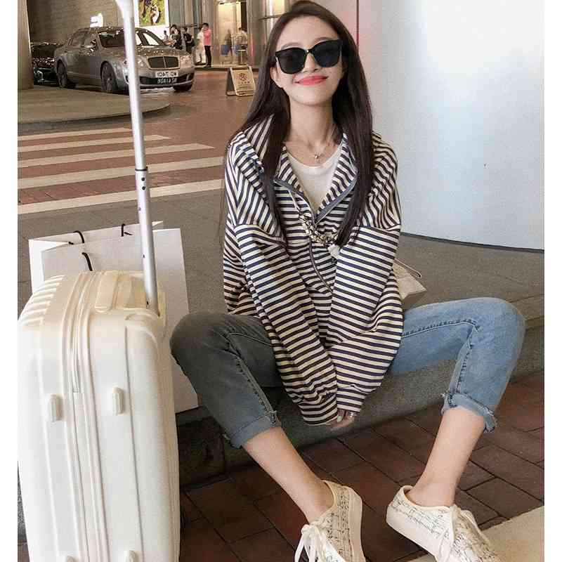 

Short sports stripe sweater cardigan jacket women's spring and autumn Korean loose thin ins fashion casual baseball suit, Black