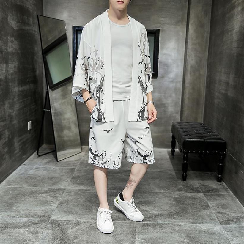 

4xl 5xl plus size japanese mens tracksuits streetwear summer two piece set kimono shirt shorts male clothes 2, Gray