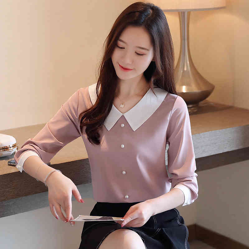 

Autumn Pink Women Blouses Korean Fashion Long Sleeve White Shirts Peter Pan Collar Beading  Tops and 210519, Apricot