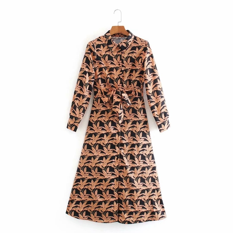 

Women Fashion Flowers Print Shirt Dress Turn Down Collar Midi Party A-line Long Sleeve Elegant With Belt NX9877 210525, Orange
