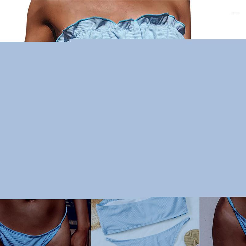 

Women' Swimwear Hirigin 2021 Bandeau Bikini Set Strapless Ruffle Ruched Tops + High Cut Bottom Two Pieces Swimsuit, Blue