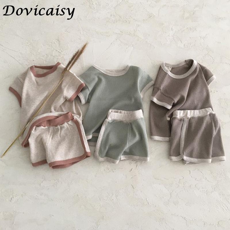 

Clothing Sets Korea Baby Clothes Set Boy And Girl Cotton Casual Short Sleeve T-shirt + Kid Solid Striped Shorts Pant 2pcs, Light grey
