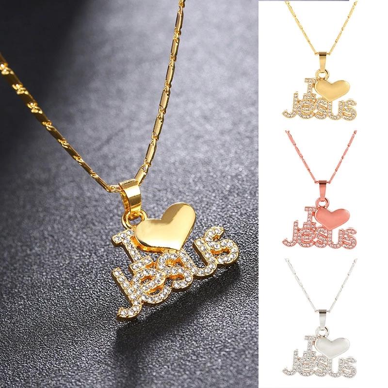 

18K Gold Plated Fashion Religious I Love Jesus Pendant Necklace For Women Gold/rose Christian Jewelry Accessories Gift Friends