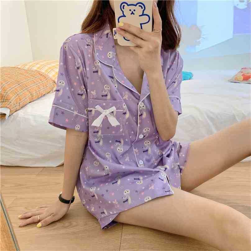 

Summer Cartoon Students Sweet Chic Purple Sleepwear Girls Korean Homewear Women Thin Loose Pajamas Sets 210525, Photo color