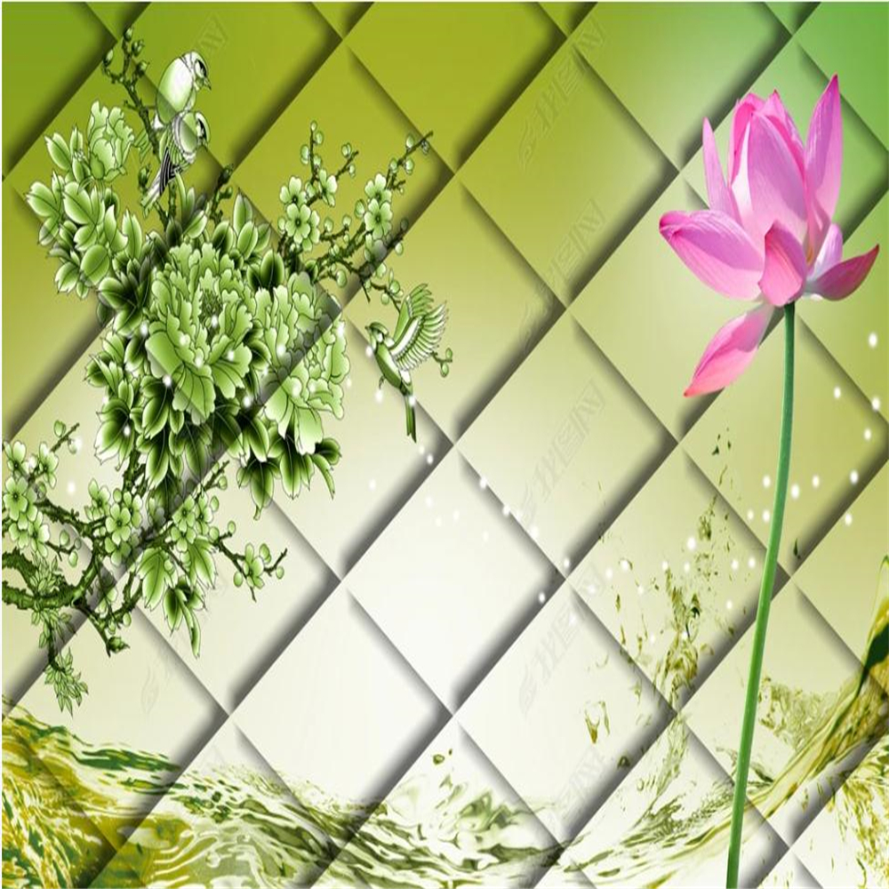 

3d murals wallpaper for living room Flower bird lotus lotus soft wrap mural background wall, Green