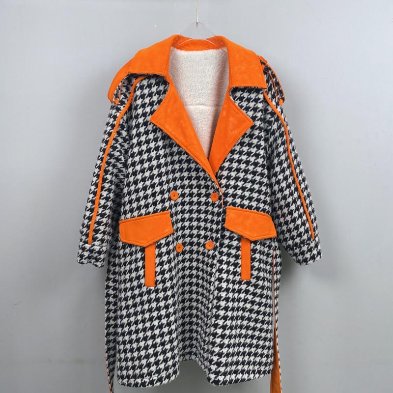 

Women's Trench Coats Thousand Bird Grid Plush Thickened Windbreaker Coat Medium And Long Winter Loose British Style Manteau Femme Hiver, Tan;black