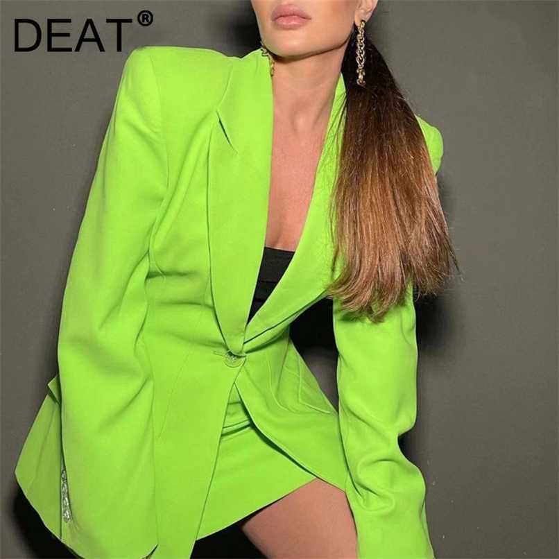 

[DEAT] Notched Long Sleeve Loose Women Green Pocket Single Button Fashion Fit Blazer 7E1051 211108