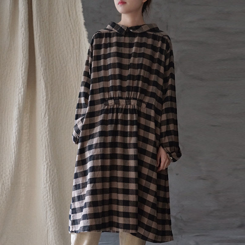 

Johnature Spring Autumn Fashion Retro Plaid Single Breasted Turn-down Collar Dress Loose Comfortable Women Long Dresses 210521, Coffee