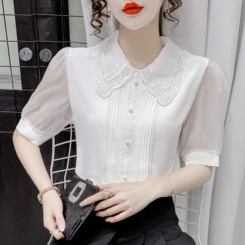 

Women' Blouses & Shirts 2021 Summer Women Casual Half Sleeve White Lace Chiffon Fashion Elegant Office Lady Tops Clothing, Photo color