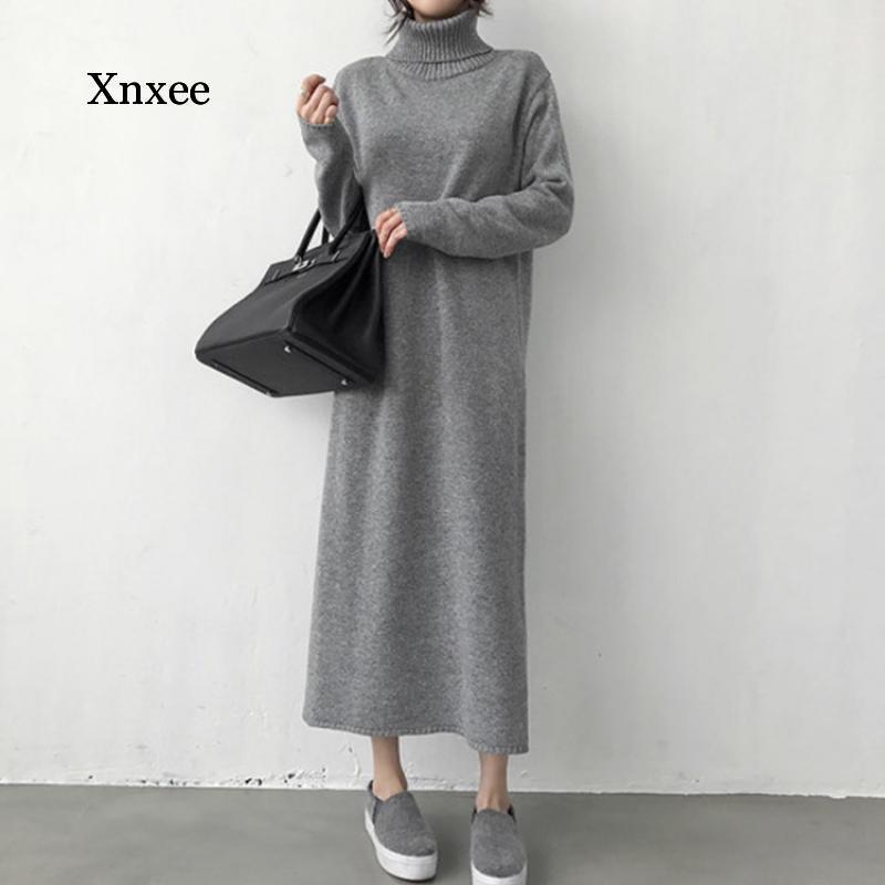 

Warm Turtleneck Thick Knitting Winter Black Sweater Dress Women Knitted Female Loose Girls Long Dresses Womens Oversize Vestidos Casual, Black;gray