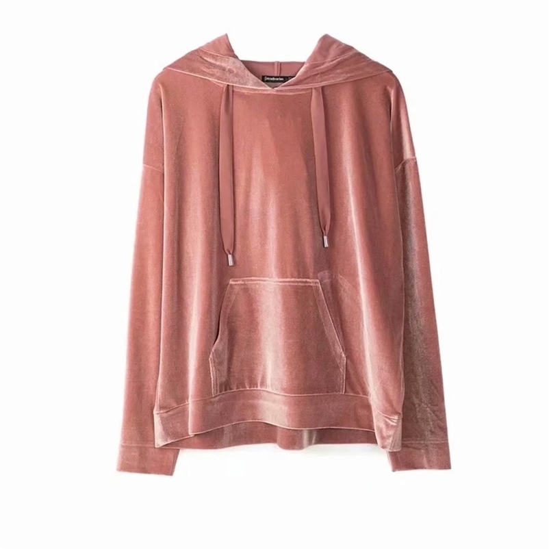 

Spring sweater loose velvet hooded short pullover top 210524, Pink