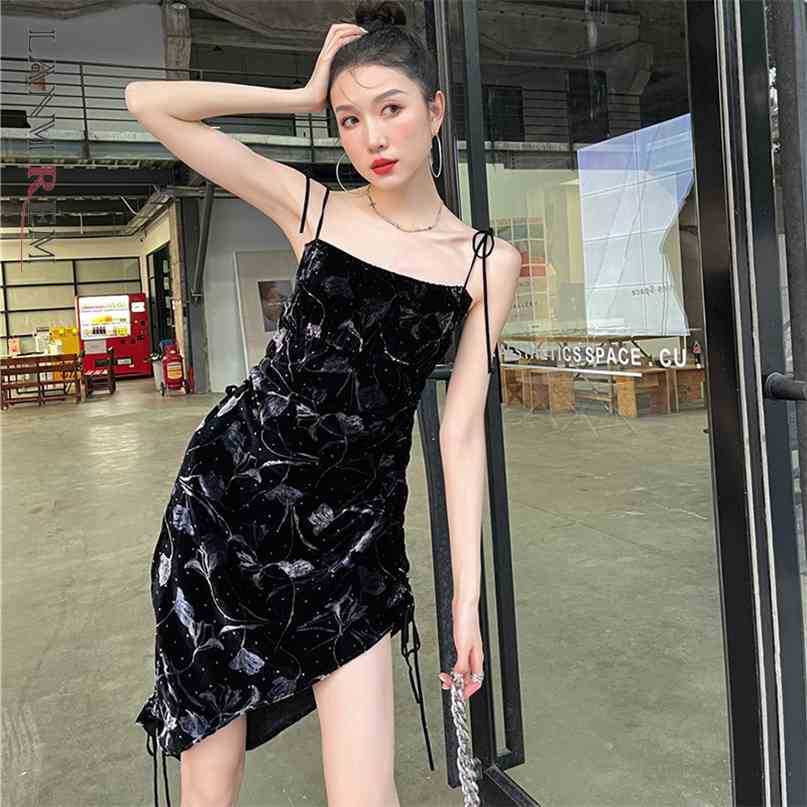 

Women's Black Sling Asymmetrical Velvet Pleated Drawstring Dress Sleeveless Fashion Sweet Summer 2E1250 210526