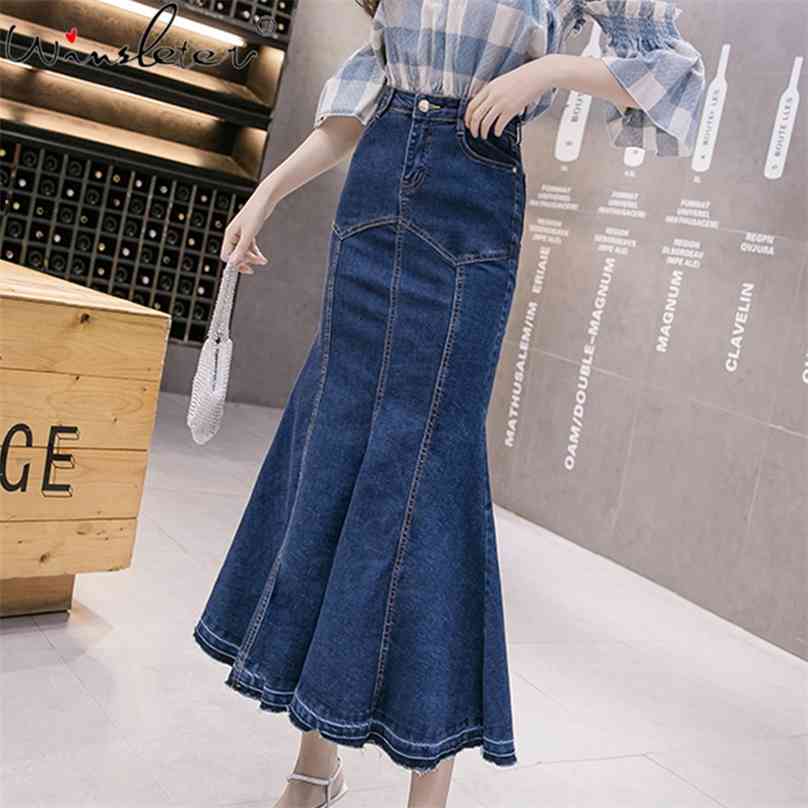 

Summer Denim Skirt Women Mermaid Trumpet Long Ruffles Mid-calf Empire High Waist Jeans With Stretchy B02910B 210629, Blue