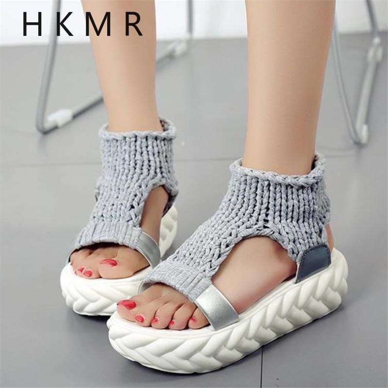 

Sandals 2021 Knitted Elastic Summer Shoes Women Fashion Open Toe Flat Sweet Hollow Slip-On Female Platform, Black