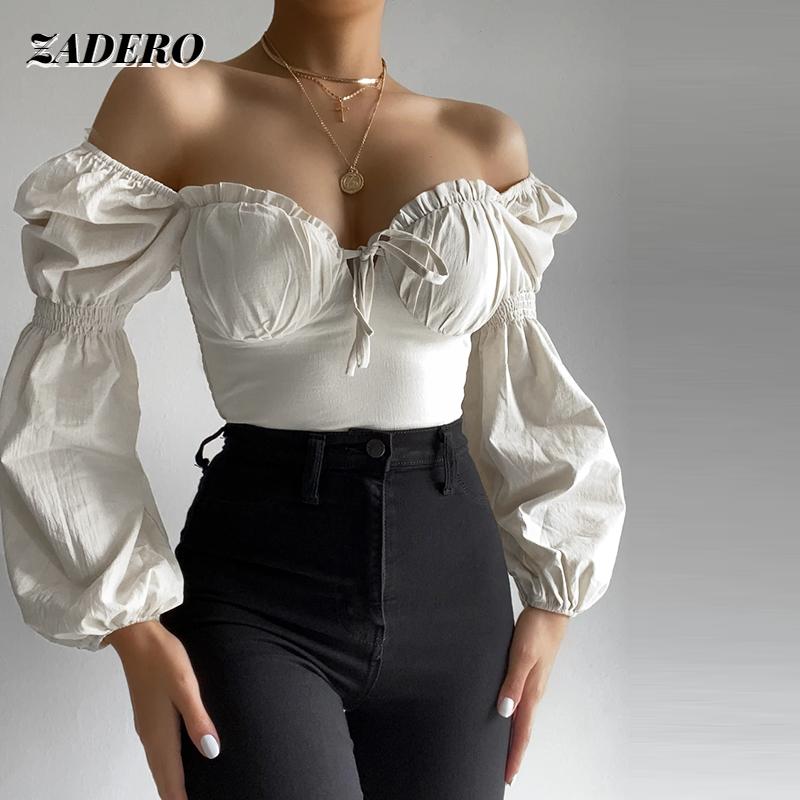 

Women's Blouses & Shirts Puff Sleeve Women 2021 Sexy V Neck Ruched Tie Up Elastic 2 Layers White Crop Top Sweet Pullover Slim Fit Fashion El