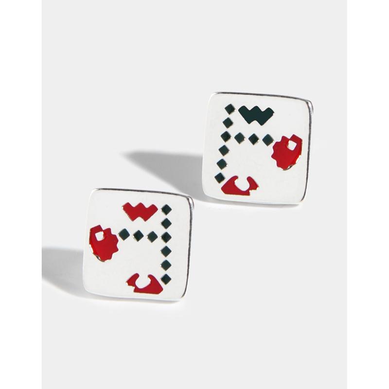 

Stud Morivovog Real 925 Sterling Silver Cherry Earring Ladies Square Asymmetry Red Green Pixels Creative Goddess Jewelry, Golden;silver